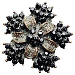 VTG 1950s Brooch Mourning Revival Black Glass Floral Cluster Mid Century Pin